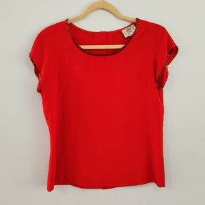 Red Saint Pierre NY 100% Silk Beaded Red Button Back Short Sleeve Shirt